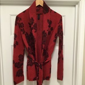 LUCKY BRAND Red & Black Rose Belted Sweater